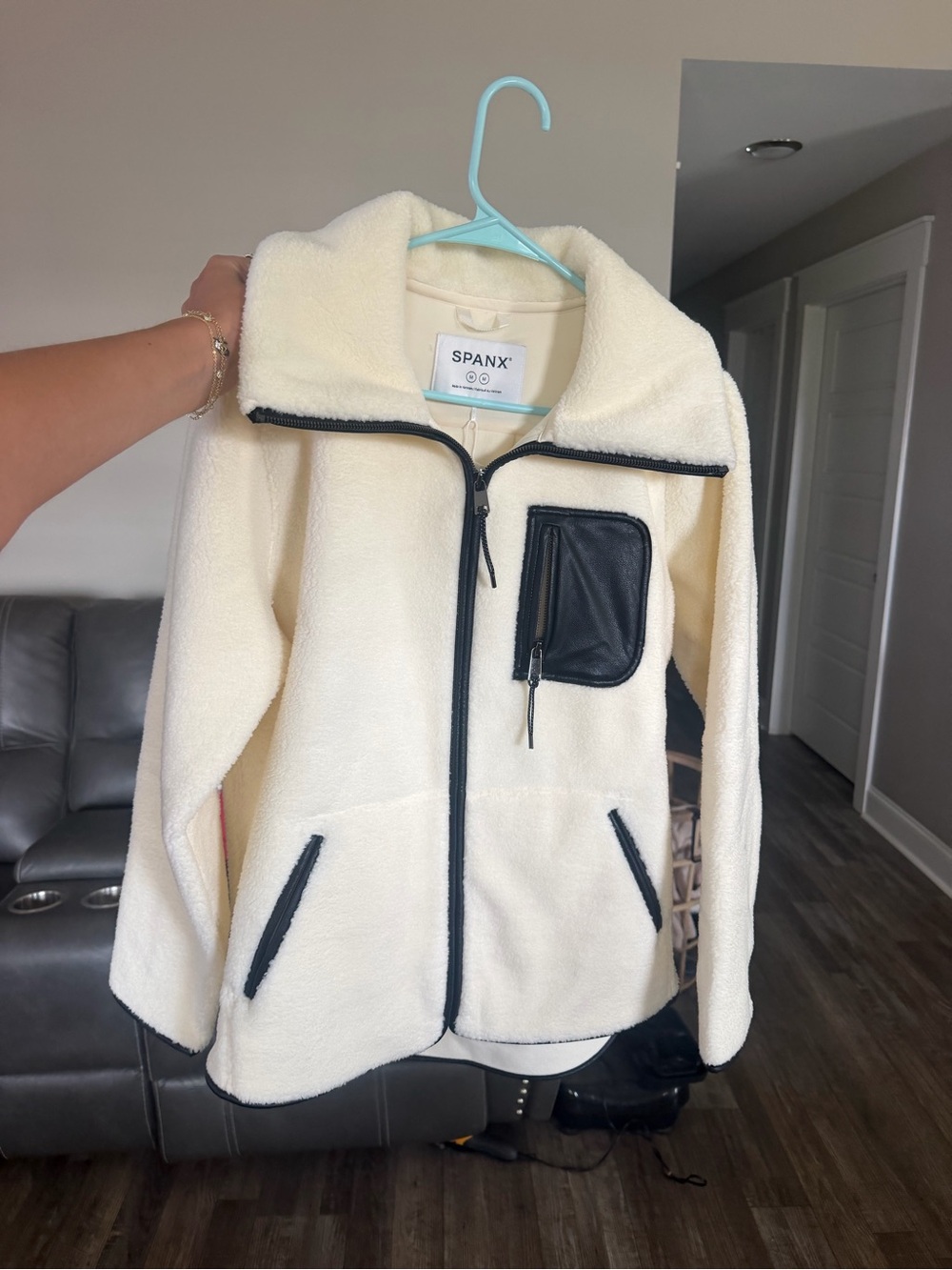 SPANX Cream Sherpa Zip Jacket with Black Trim and Pocket NWT